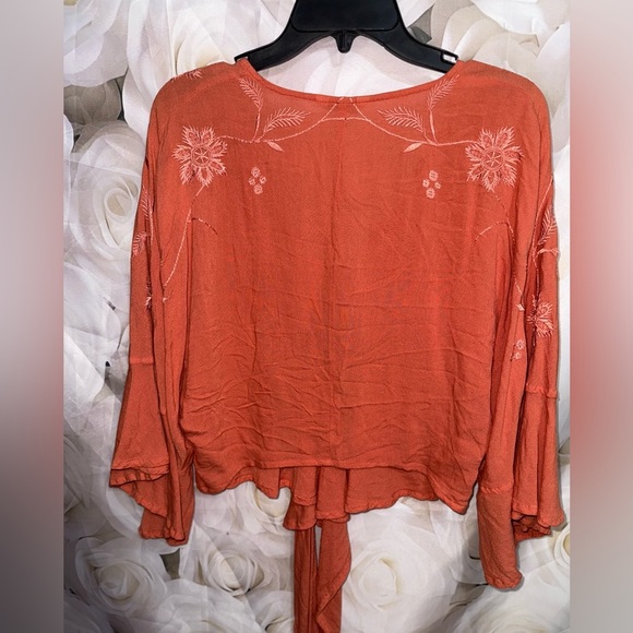 Coral lucky brand bohemian bell sleeve embroidered crop top size Xs 100% Viscose - Picture 7 of 14